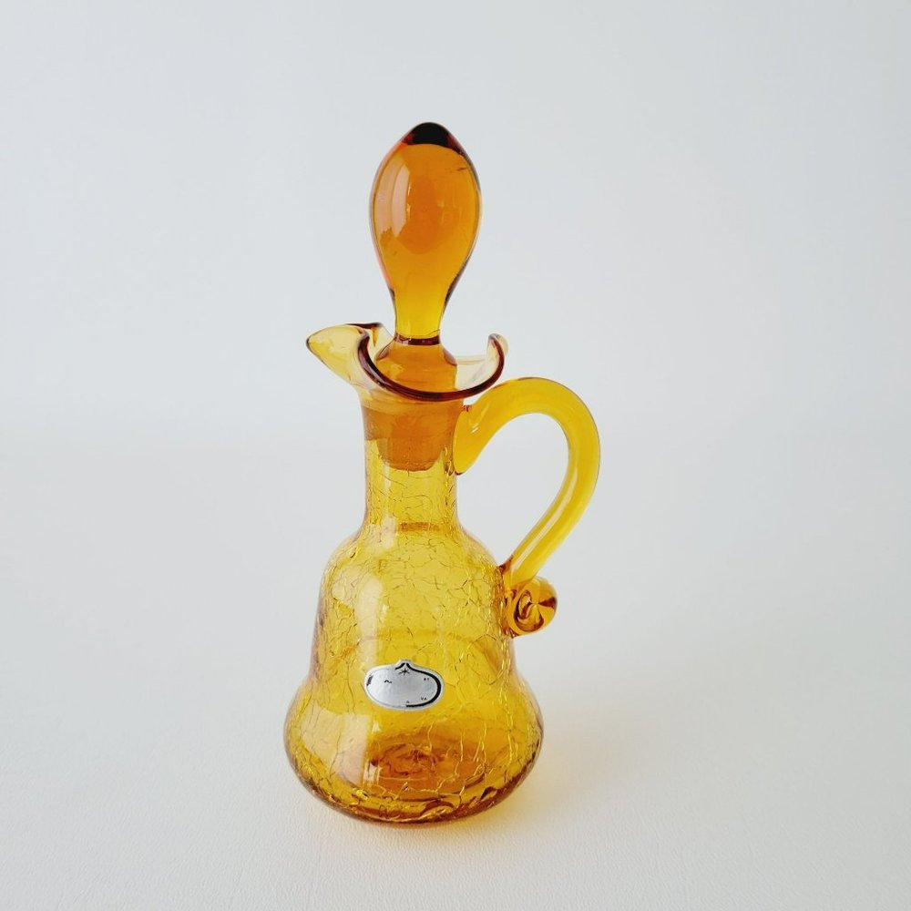 Hand Blown Amber Crackle Glass Cruet by Rainbow, Vintage Yellow Vinegar Bottle